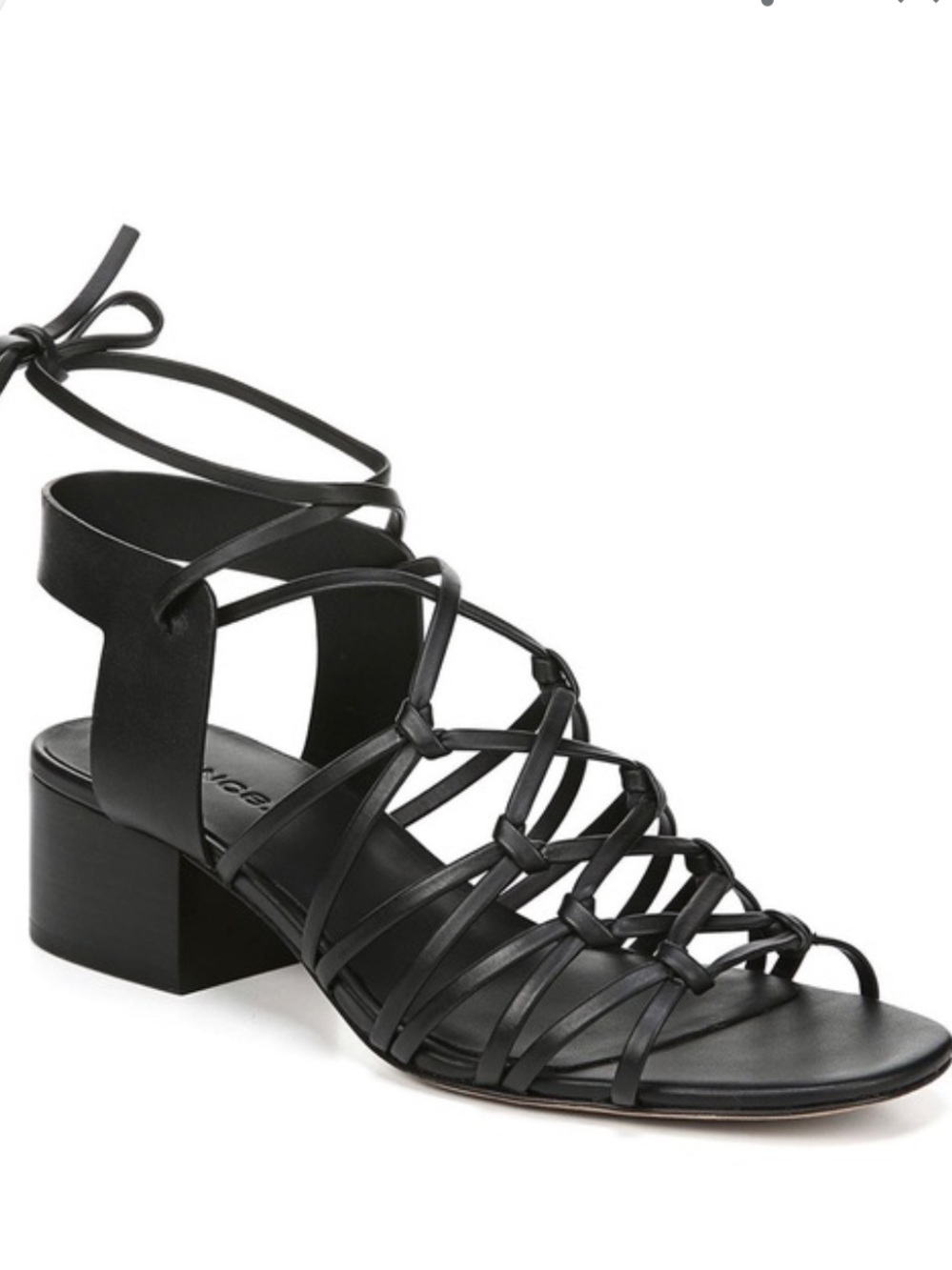 Vince Black Knotted Leather Strappy Sandals with Block Heel